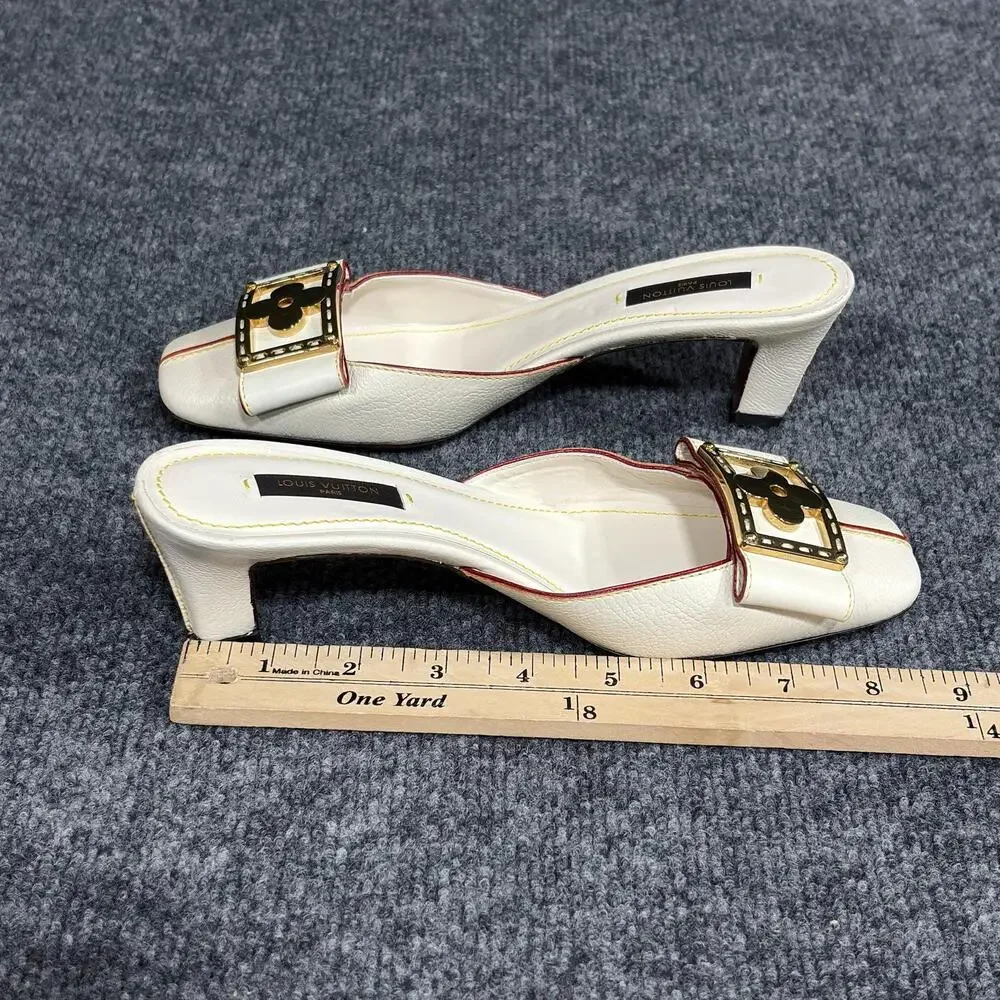 Louis Vuitton Shoes Womens 6 White Suhali Leather Flower Buckle Mule Kitten Heel